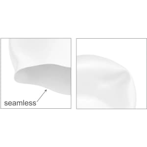 A seamless silicone swimming cap in white, showcasing its smooth and flexible design. Features a close-up view highlighting the seamless edges.