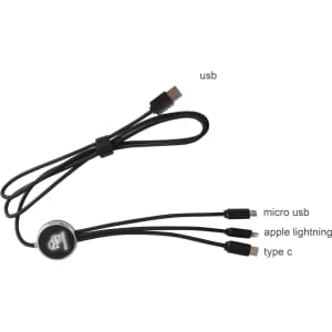 A black 1.2m long charging cable featuring USB, micro USB, Apple Lightning, and Type C connectors.
