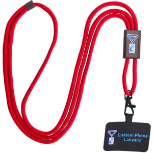 A red adjustable phone lanyard with a metal buckle and an attached card holder. Features a logo.