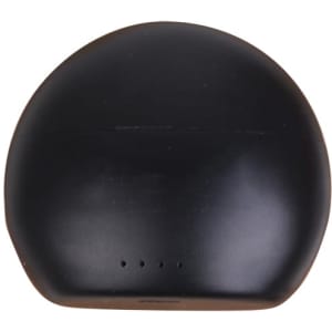 A black round charging case for True Wireless Earbuds, featuring a smooth surface and four indicator lights.