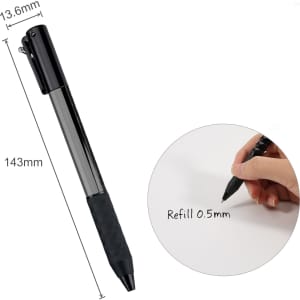 A black plastic pen with a textured grip and a clip, featuring a 0.5mm refillable tip.