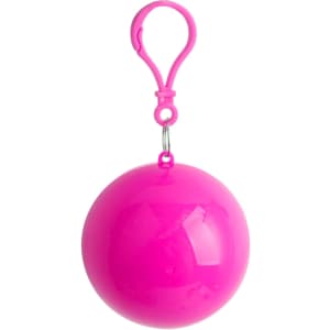 A bright pink ball with a clip, designed to hold a rain poncho inside. Ideal for novelty and fun.