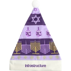 A purple holiday hat featuring a star, menorah, and dreidel designs, topped with a white pom-pom and a logo.