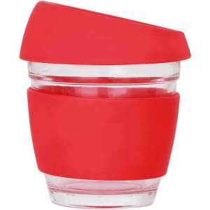 A drink bottle featuring a clear glass design with a bright red silicone sleeve and lid.