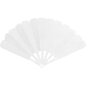 A collection of transparent plastic hand fans arranged in a fanned-out shape, featuring a central hub.