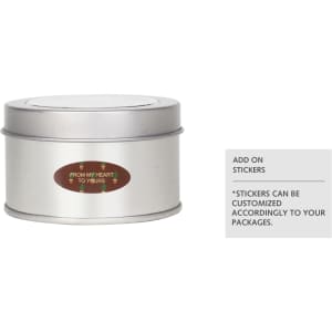 A silver tin can with a circular lid and a foam insert, featuring a logo and a space for customised stickers.