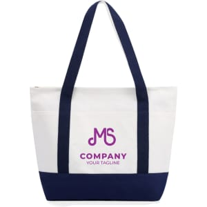 A small canvas tote bag in white with navy handles and a logo on the front.