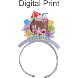 A headband with a purple band and a colourful summer-themed decoration featuring tropical elements.