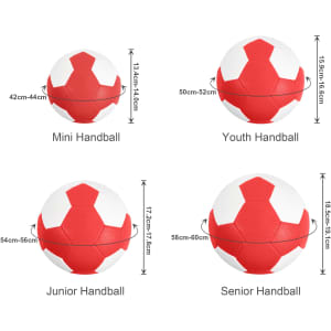 A collection of four handballs in red and white, showcasing different sizes for mini, youth, junior, and senior categories.