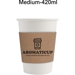A white single wall paper cup with a brown sleeve and a logo, suitable for drinks.