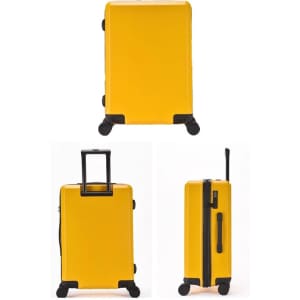 A yellow wheeled suitcase with a retractable handle and smooth wheels, featuring a sleek design and a logo.