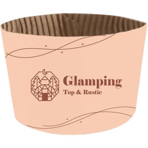 A paper cup sleeve in peach, featuring a ribbed design and a logo with rustic graphics.