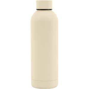 A drink bottle in a creamy beige colour with a rubber-coated exterior and a double wall design. It has a logo on it.