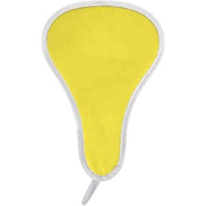 A foldable fan in bright yellow with a silver trim, featuring a logo on the handle.