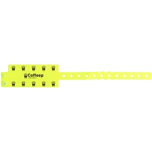 A bright yellow tabbed disposable PVC wristband featuring multiple cup icons and a logo. Suitable for events.