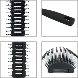 A hair brush featuring a black ergonomic design with vented sections and plastic bristles. It includes a logo.