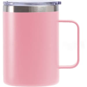 A stainless steel cup with a handle in pink, featuring a transparent lid and a sleek design.