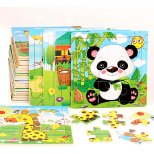 A collection of colourful wooden jigsaw puzzles featuring animals like a panda and giraffe, with various pieces displayed.
