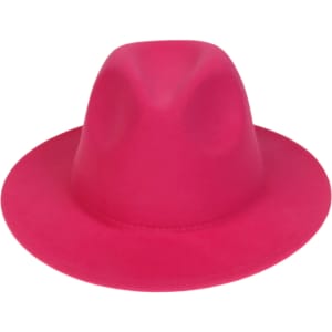 A pink felt wide brim fedora hat with a smooth texture and a rounded crown, featuring a logo.