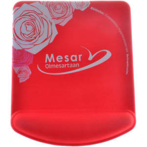 A rectangular gel pad in vibrant red with a floral design and a logo in the corner.