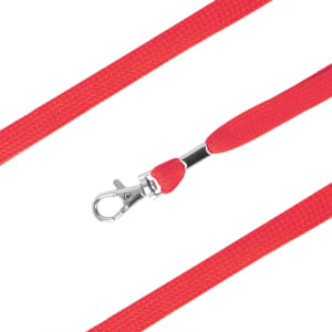A red bootlace lanyard with a silver clip, featuring a textured design and padded section.