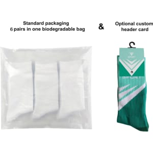 Crew woven sport socks in green featuring a towel bottom, packaged in a biodegradable bag with six pairs.