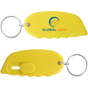 A yellow mini cutter keyring with a silver keyring attachment and a branded logo.
