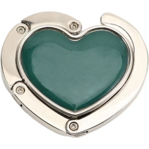 A heart-shaped, foldable desk hook with a silver frame and a teal interior, featuring small metallic fasteners.