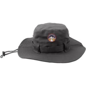 A grey outdoor brim hat featuring a logo and an adjustable strap for secure fit.