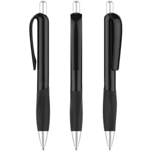 Three black plastic pens with a glossy barrel and silver accents, featuring a clip and a rubber grip.
