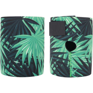 A drink bottle holder featuring a vibrant green tropical leaf design, with an opening and a secure strap.