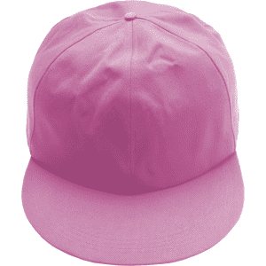 A giant pink baseball cap with a flat brim and a rounded top, featuring a logo on the front.
