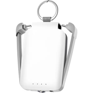 A white mini power bank with a flashlight and a keyring attachment. It features a sleek design and indicator lights.