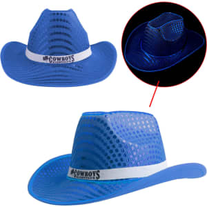 A blue sequin cowboy hat with a light-up feature and a white band, displayed from two angles.