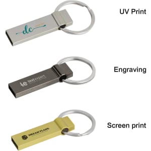 A collection of three Titan Flash Drives in silver, grey, and gold, each with a keyring attachment.