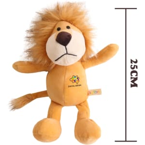 A 25cm plush lion toy in shades of yellow and brown with a fluffy mane and a logo on its body.