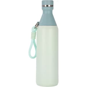 A drink bottle featuring a slim design in light green with a grey top and a carrying strap, branded with a logo.
