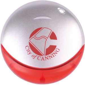 A round flash drive featuring a metallic silver top and a red bottom, with an embossed logo on the surface.