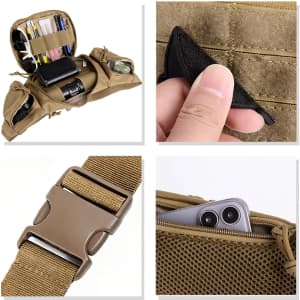 A tactical fanny pack in brown, featuring multiple compartments and pockets for storage, with a logo and a buckle closure.