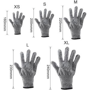 A set of five cut resistant gloves in grey, displayed in various sizes from XS to XL, with measuring dimensions indicated.