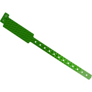 A green disposable holographic PVC wristband with a textured pattern and multiple holes for adjustment.