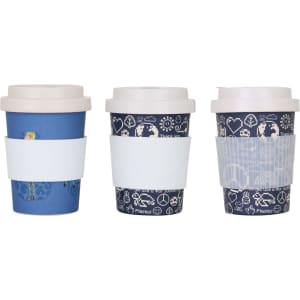 A drink bottle featuring three reusable bamboo coffee cups in blue and navy designs, each with a screw lid and protective sleeve.