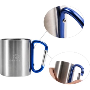 A stainless steel insulated travel mug with a blue carabiner handle. Features a logo on the side.