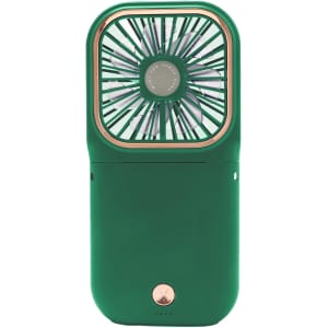 A green folding neck fan with a phone stand, featuring a compact design and a logo on the base.