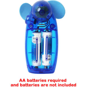 A transparent blue handheld fan featuring a playful design, with spaces for AA batteries.