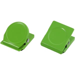 Bright green metal magnetic clips are displayed, featuring a simple design with rounded and square shapes.