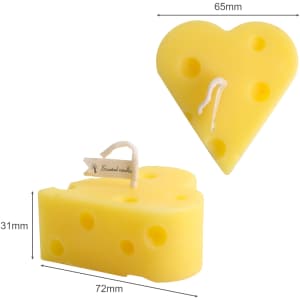 Heart-shaped candles resembling cheese, in a bright yellow colour with holes, measuring 65mm and 72mm in width.