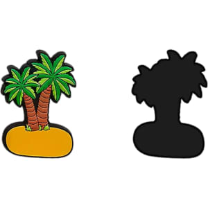 A green and brown palm tree PVC fridge magnet on a yellow base, accompanied by a black silhouette version.