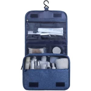 A navy travel hanging toiletry bag with multiple compartments for storing various toiletries and accessories.