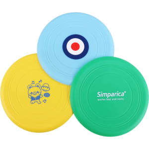 Three silicone frisbees in blue, yellow, and green, featuring various designs and a logo on one.